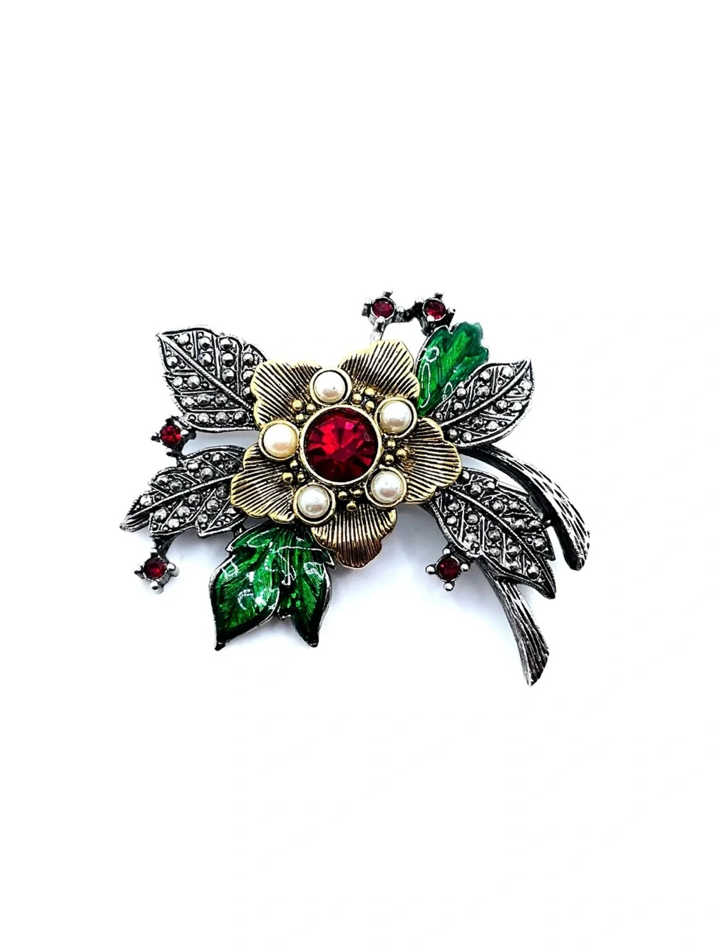 Vintage AVON Signed Floral Brooch Silver Gold Tone Red Rhinestone Faux Pearl Pin